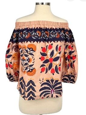 FARM Rio Peach Off-Shoulder Floral Blouse with Navy & Red Accents